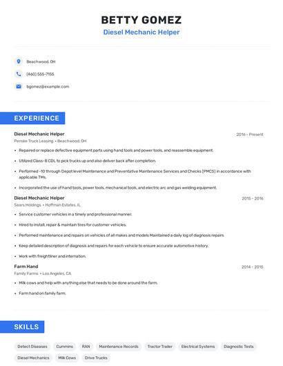 Diesel Mechanic Helper Resume