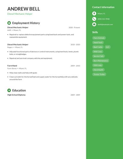 Diesel Mechanic Helper Resume