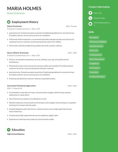 Diesel Technician Resume