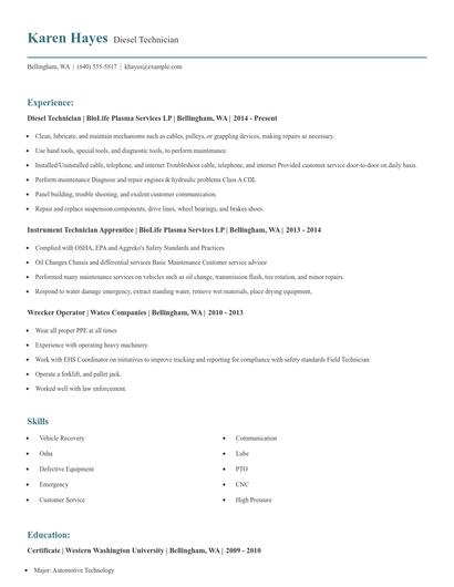 Diesel Technician Resume