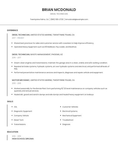 Diesel Technician Resume