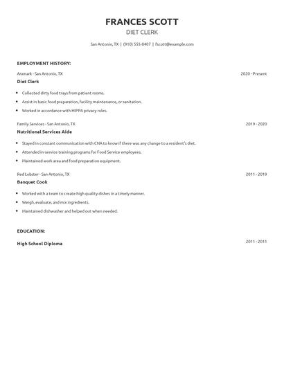 Diet Clerk Resume