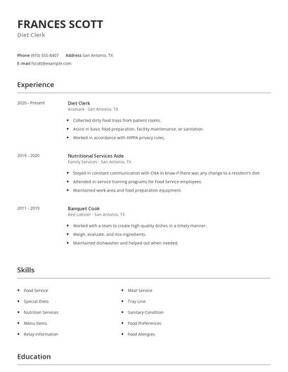 Diet Clerk Resume