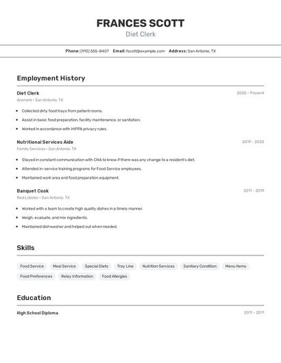 Diet Clerk Resume