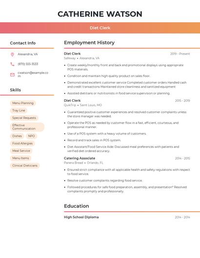 Diet Clerk Resume