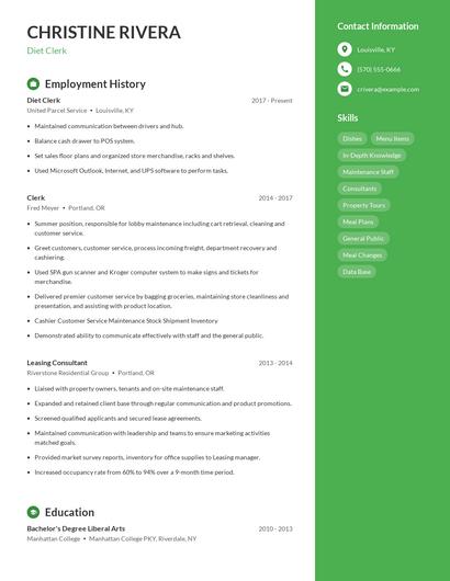 Diet Clerk Resume