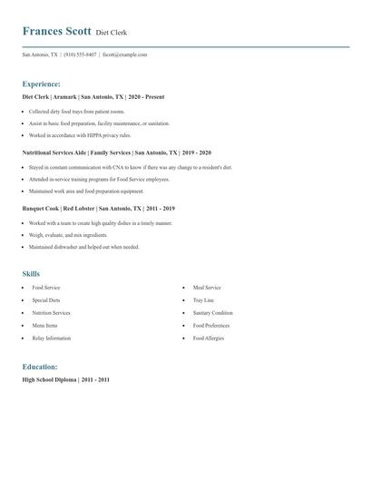 Diet Clerk Resume