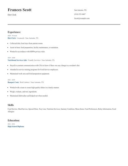 Diet Clerk Resume