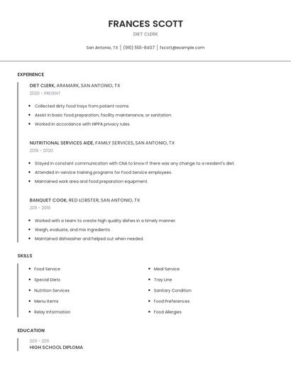 Diet Clerk Resume