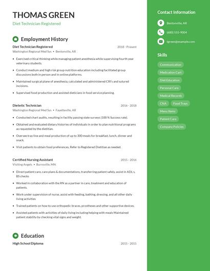 Diet Technician Registered Resume