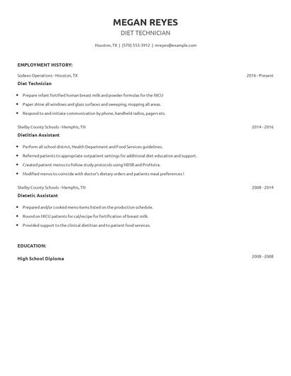 Diet Technician Resume