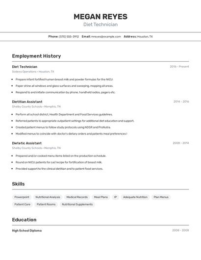 Diet Technician Resume