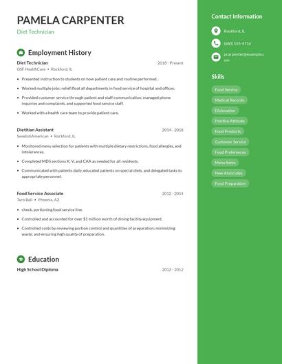 Diet Technician Resume