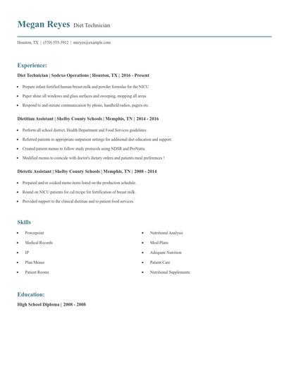 Diet Technician Resume