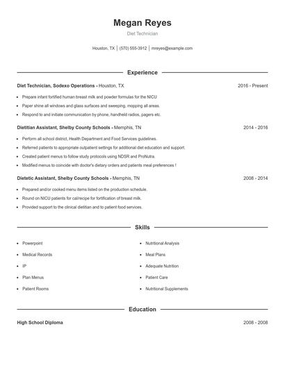 Diet Technician Resume