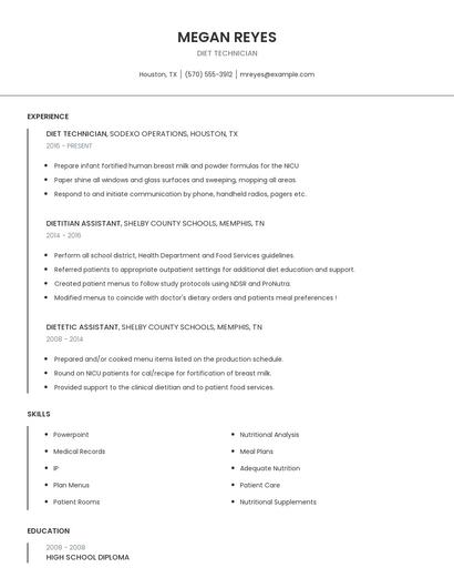 Diet Technician Resume