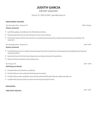Dietary Assistant Resume