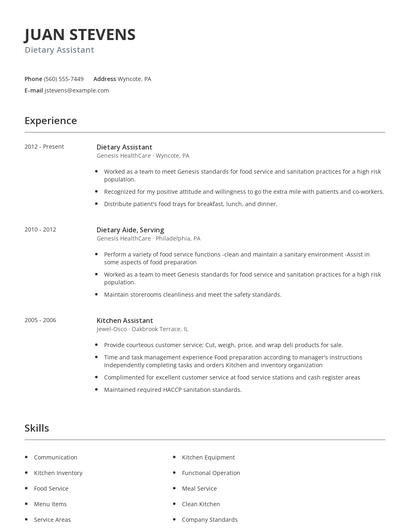 Dietary Assistant Resume