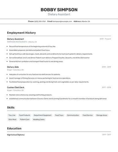 Dietary Assistant Resume