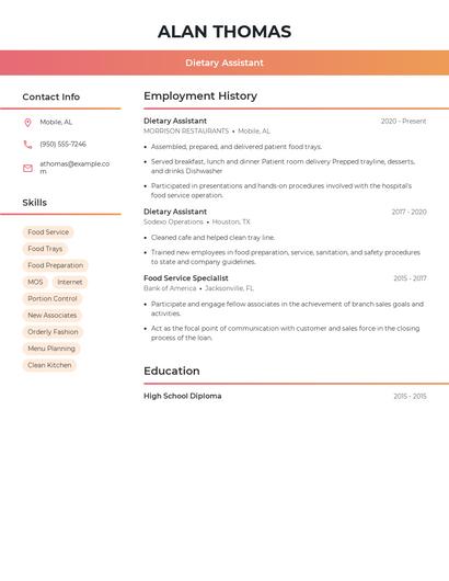 Dietary Assistant Resume