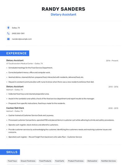 Dietary Assistant Resume