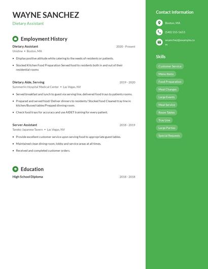 Dietary Assistant Resume