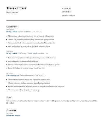 Dietary Assistant Resume