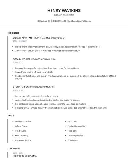 Dietary Assistant Resume