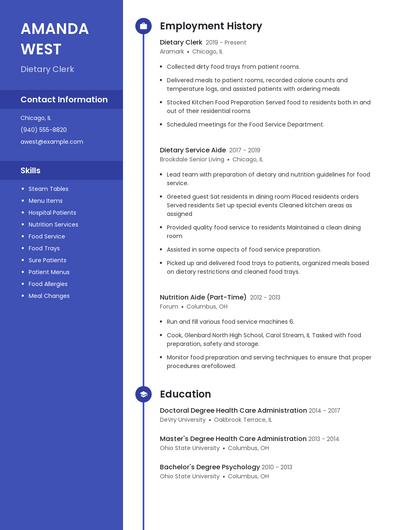 Dietary Clerk Resume