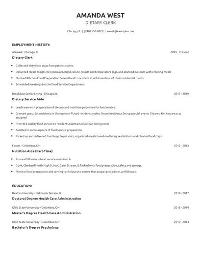 Dietary Clerk Resume