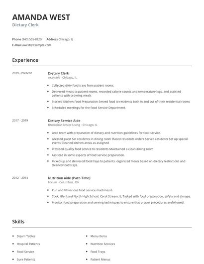 Dietary Clerk Resume