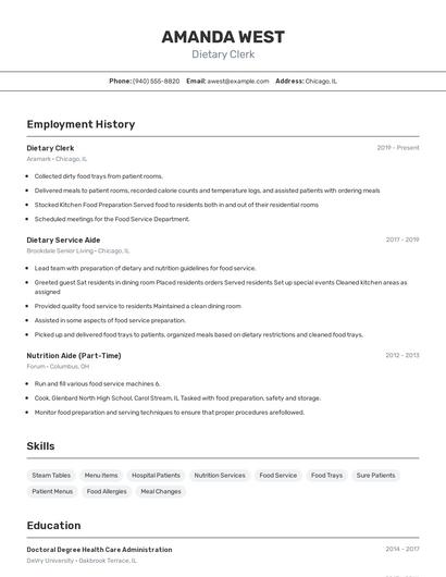 Dietary Clerk Resume