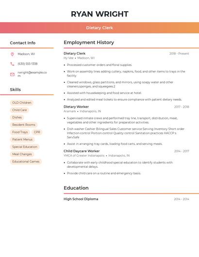 Dietary Clerk Resume