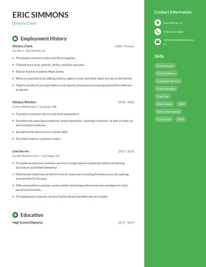 Dietary Clerk Resume