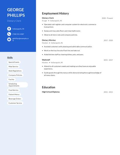 Dietary Clerk Resume