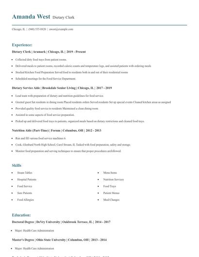 Dietary Clerk Resume