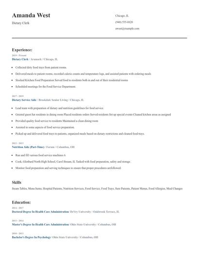 Dietary Clerk Resume