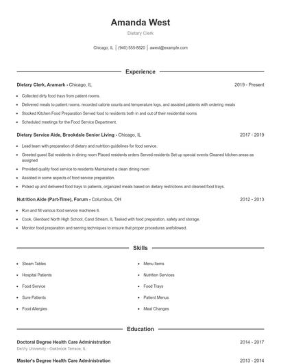 Dietary Clerk Resume