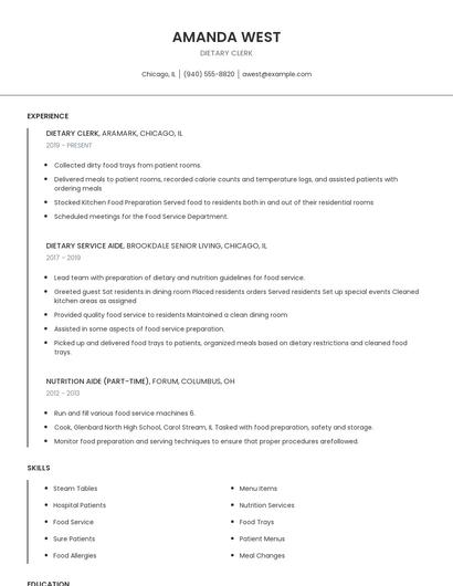 Dietary Clerk Resume