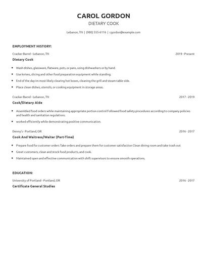 Dietary Cook Resume