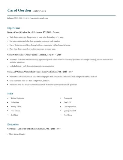 Dietary Cook Resume