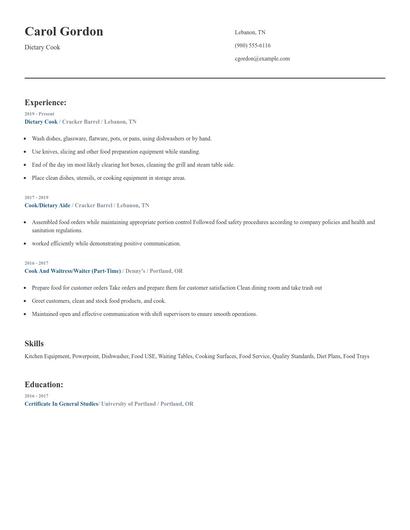 Dietary Cook Resume