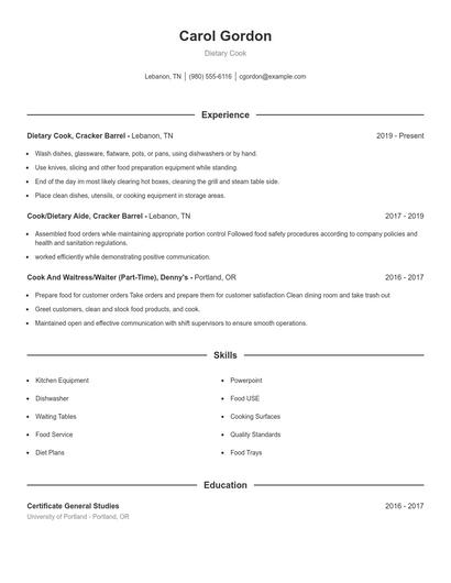 Dietary Cook Resume