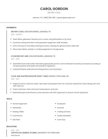 Dietary Cook Resume