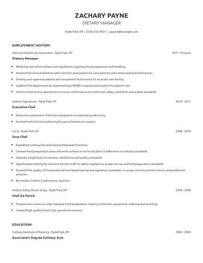 Dietary Manager Resume
