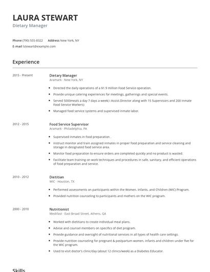 Dietary Manager Resume