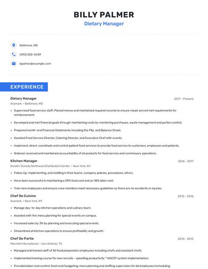 Dietary Manager Resume