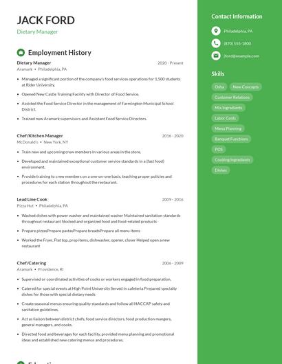 Dietary Manager Resume