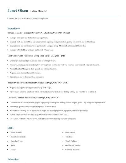 Dietary Manager Resume