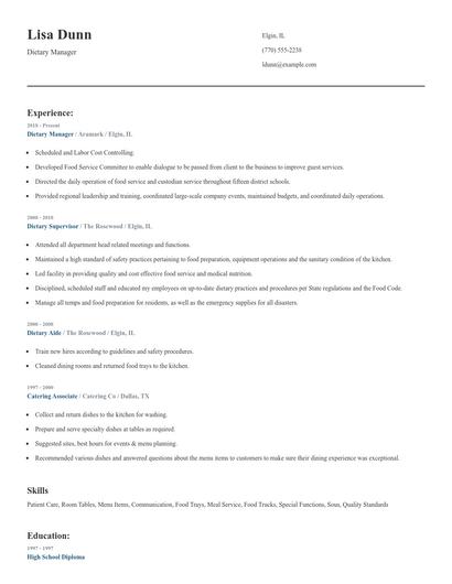 Dietary Manager Resume